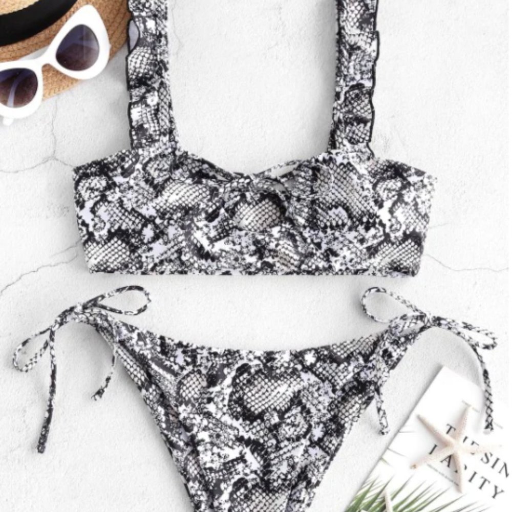 NWT Zaful Frilled Tie Side Snakeskin Bikini Set S